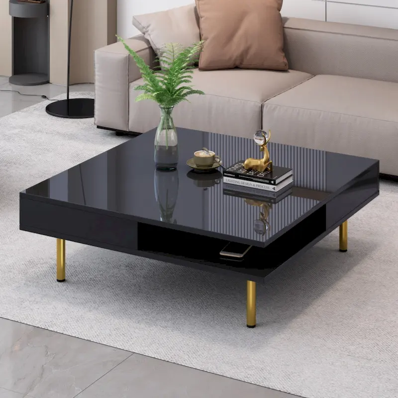 High Gloss Square Coffee Table, 2-Tier with 2 Drawers & Gold Legs – Black / White