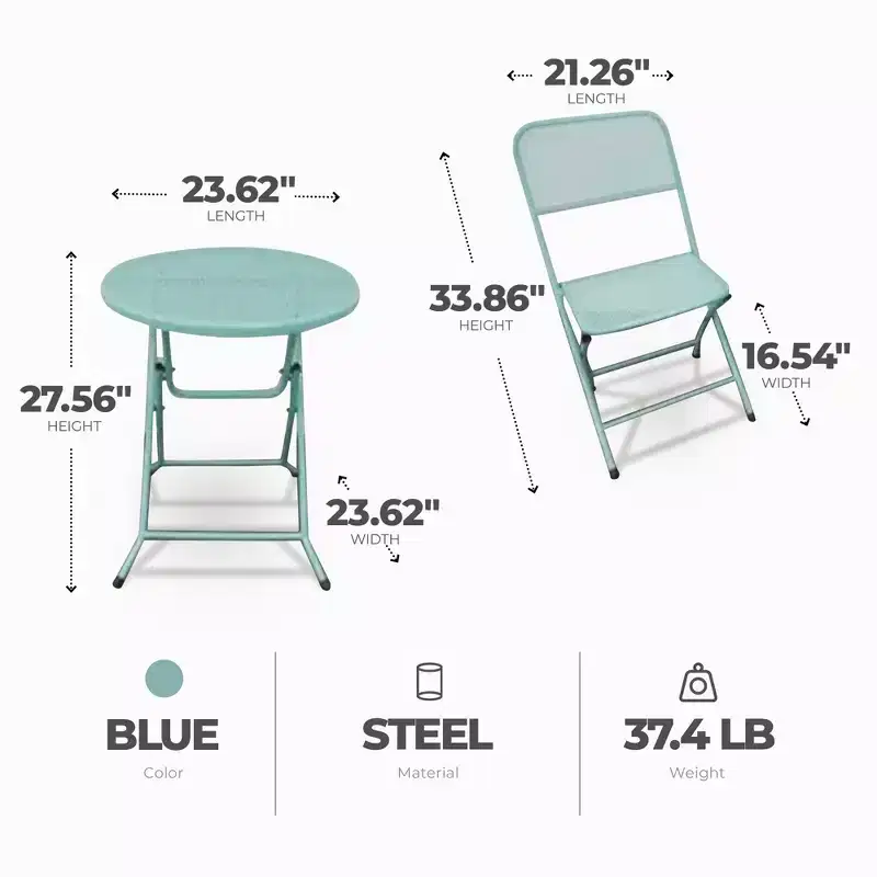 Four Seasons Courtyard Padova Foldable 3 Piece Powder Coated Steel Mesh Outdoor Patio Bistro Dining Set, Includes 1 Table and 2 Chairs, Blue