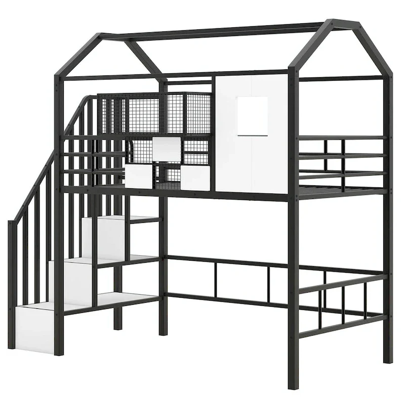 Pink & Black Metal Loft Bed with Roof & Storage, Twin, 1-Person