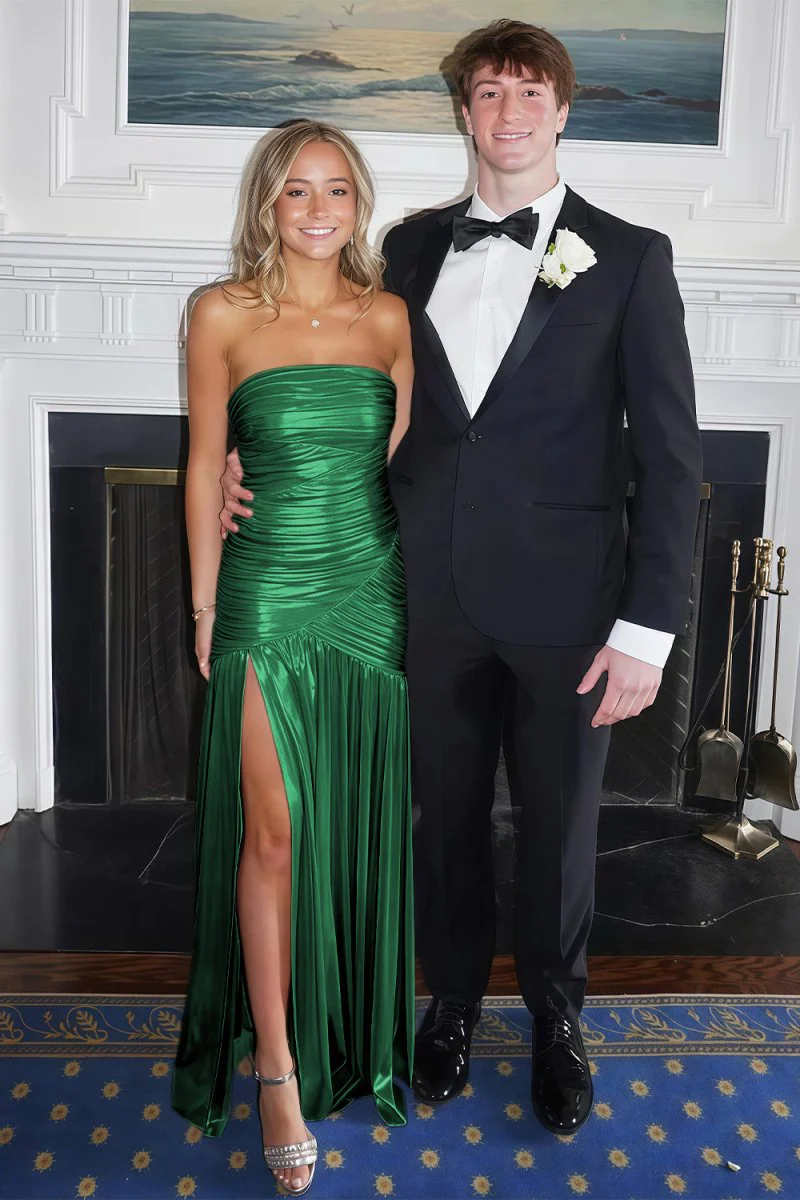 Champagne Mermaid Strapless Metallic Long Prom Dresses with Pleats