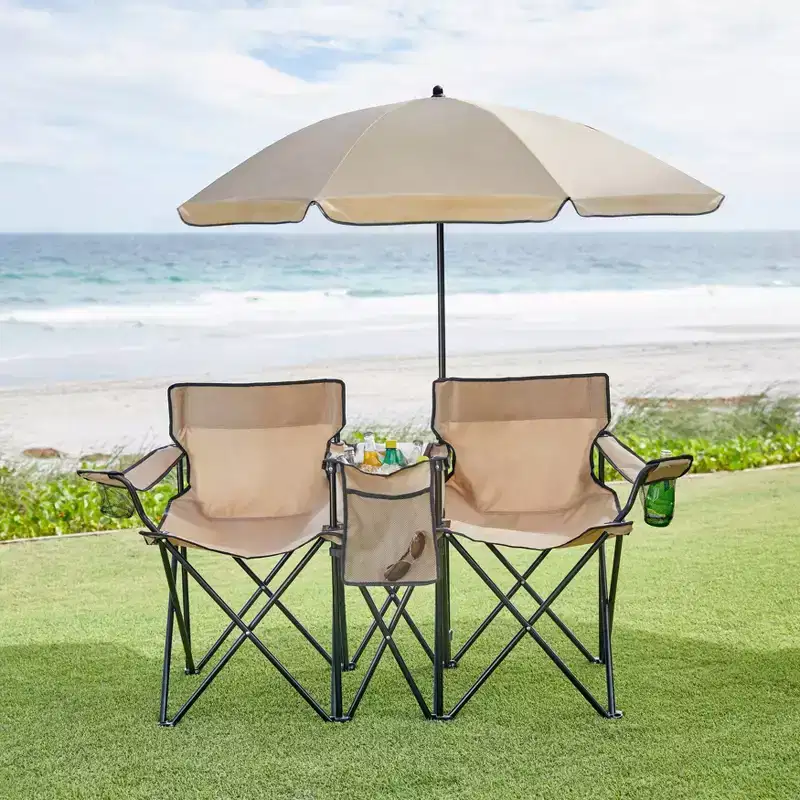 BrylaneHome Twin Folding Picnic Chairs With Umbrella & Cooler
