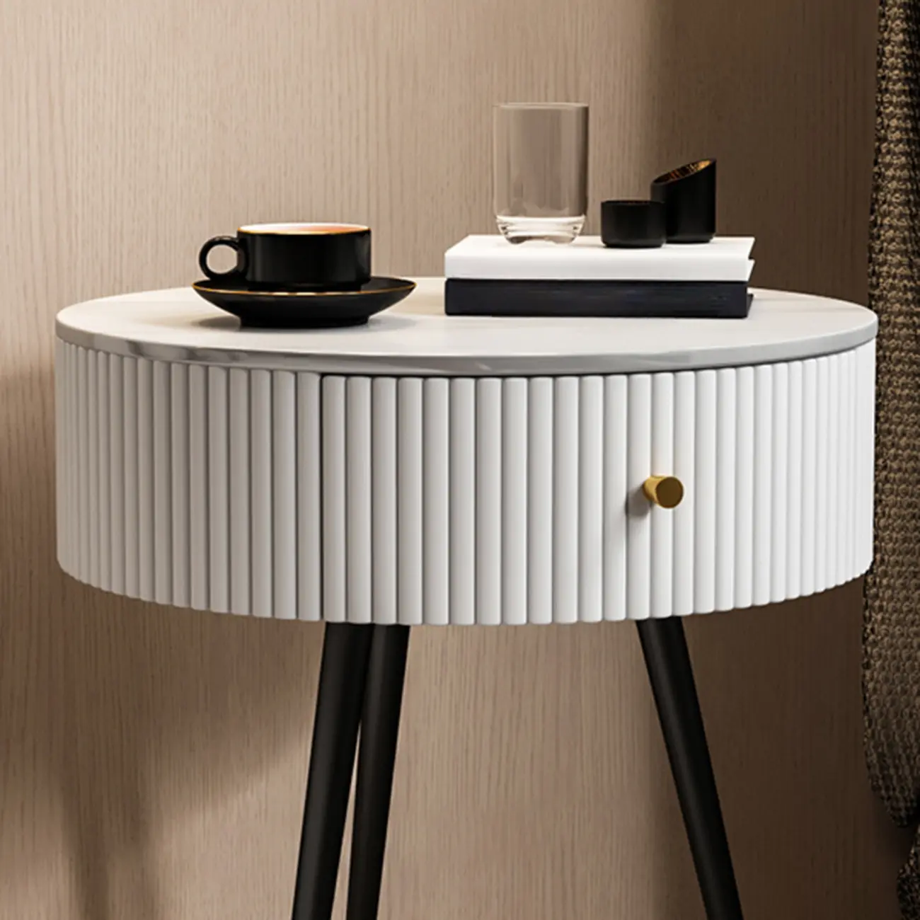 Modern Sintered Stone Top Round Drawer Tripod Nightstand