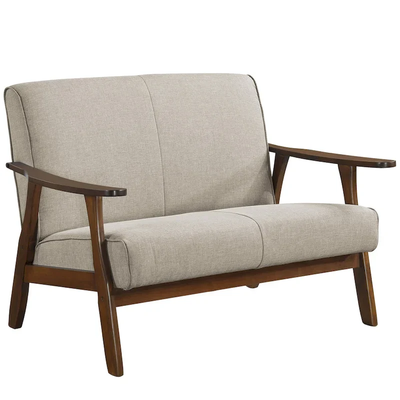 Mid-Century Modern Loveseat 2-Seater Sofa with Wooden Arms - Light Gray Linen Upholstery 46.69