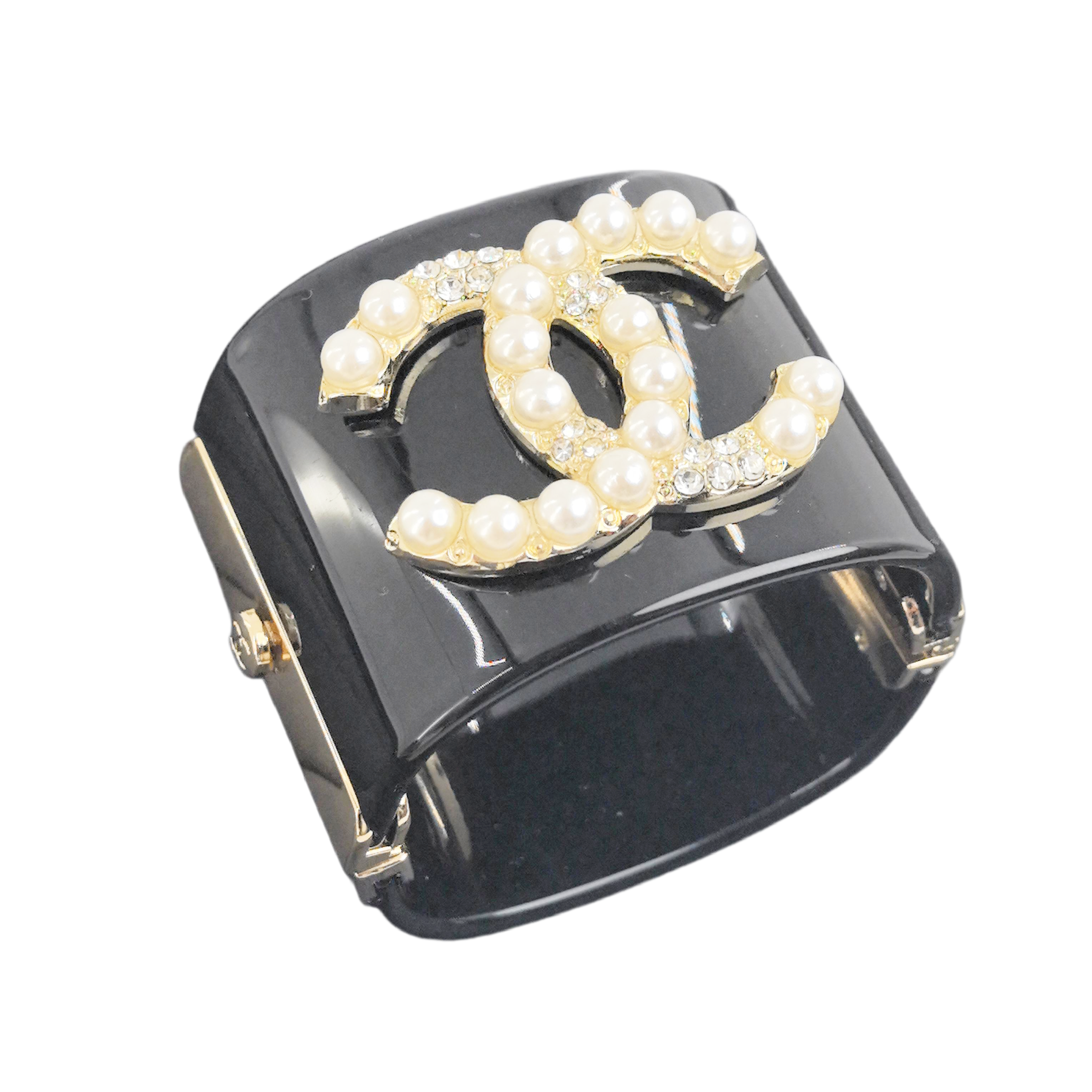 CCS101 CC wide acrylic with crystal and pearl cc logo cuff bracelet - ccjewelryacc
