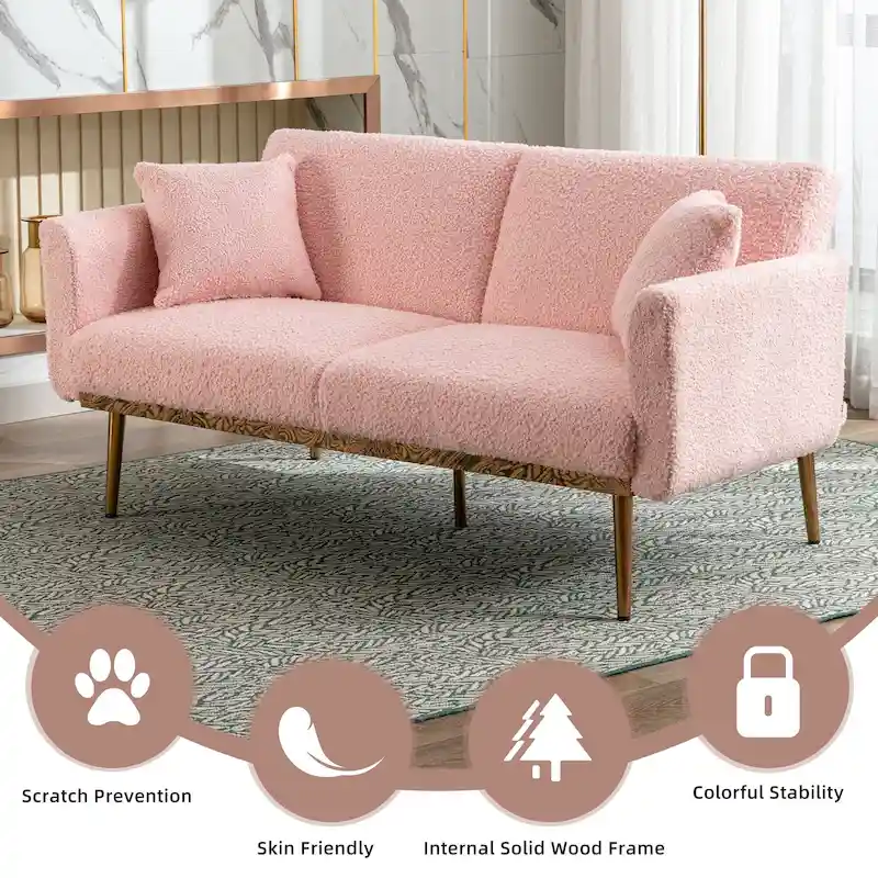 Teddy Fabric Upholstered Tufted Loveseats Sleeper Sofa With Rose Golden Legs