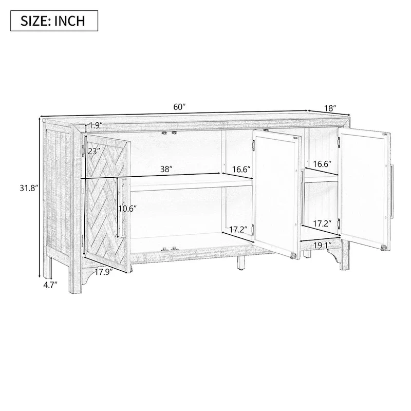 3-Door Sideboard with Adjustable Shelves – Gray / Navy Blue, Traditional Style