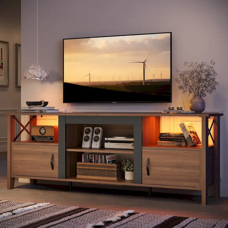 Farmhouse TV Stand for 70 Inch TV with LED Light,63  Tv Console Cabinet with Media Storage