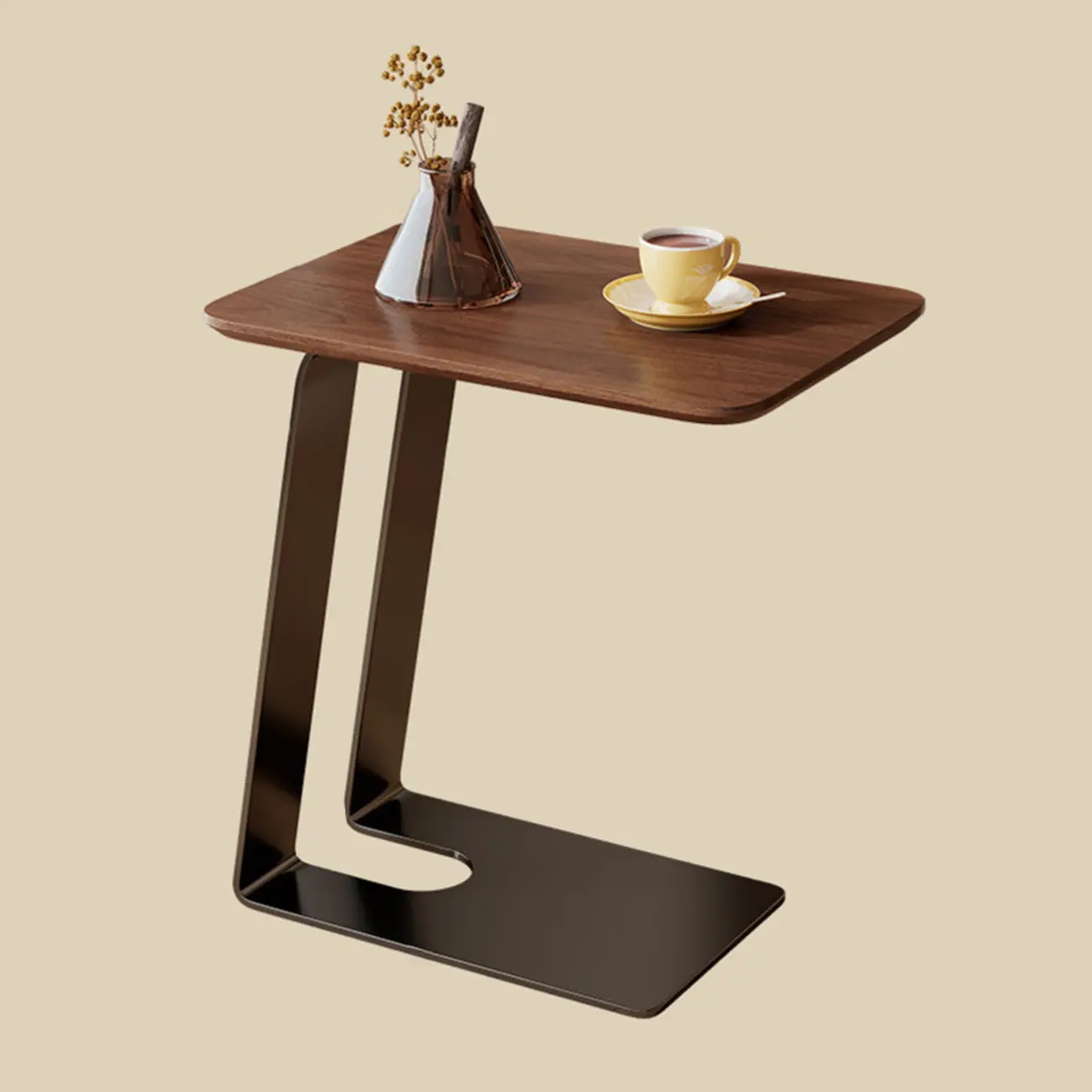 Minimalist Brown Rectangle Ash Wood C-shaped Side Table