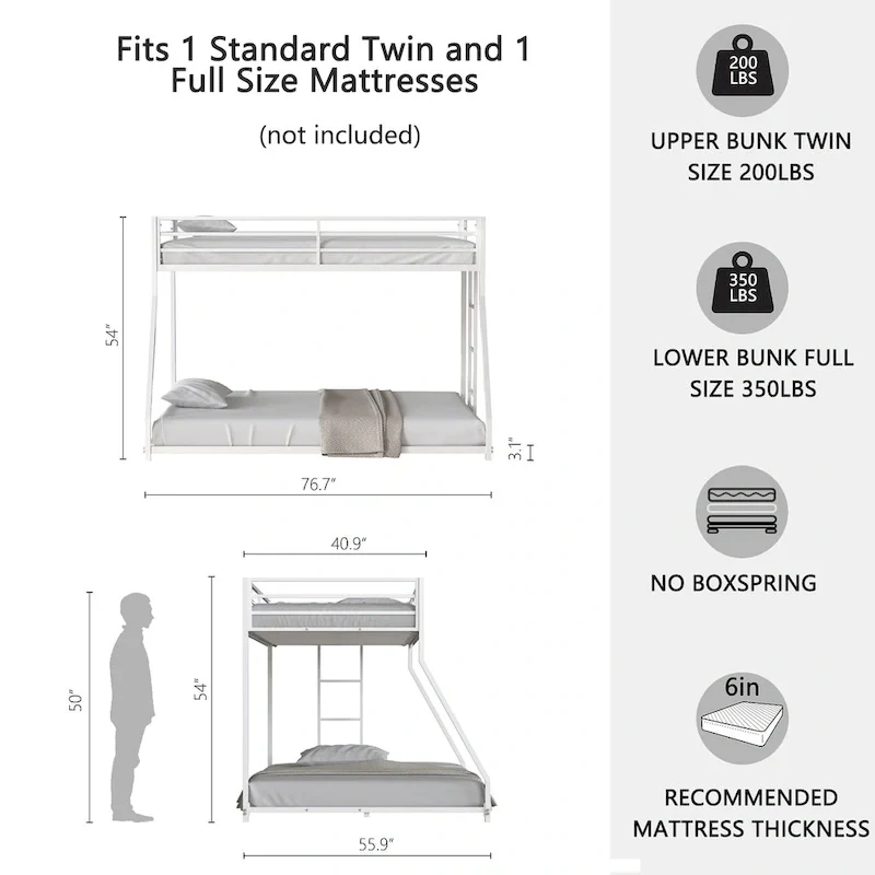 White Twin over Full Metal Bunk Bed with Ladder & Guardrail – Sleeps 2