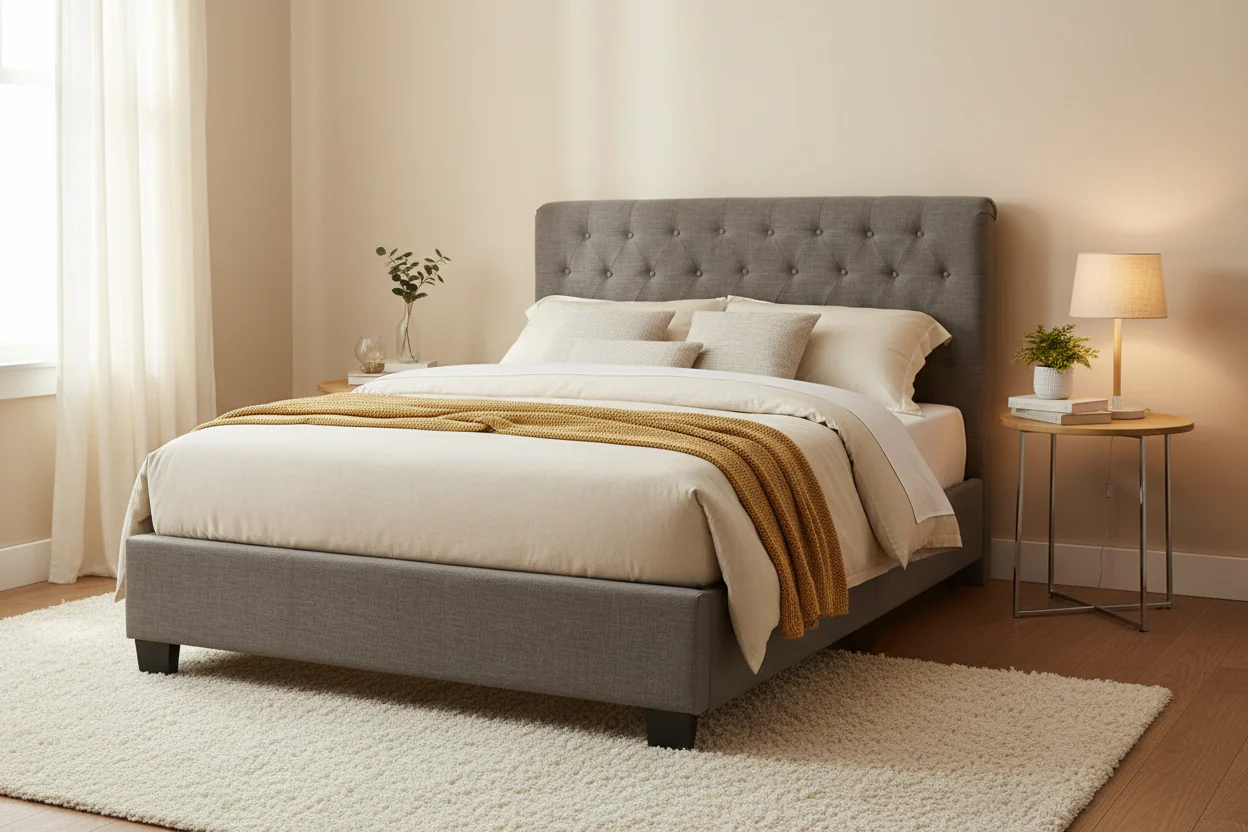 Low Profile Queen Bed, Button Tufted Upholstered Rolled Back, Gray