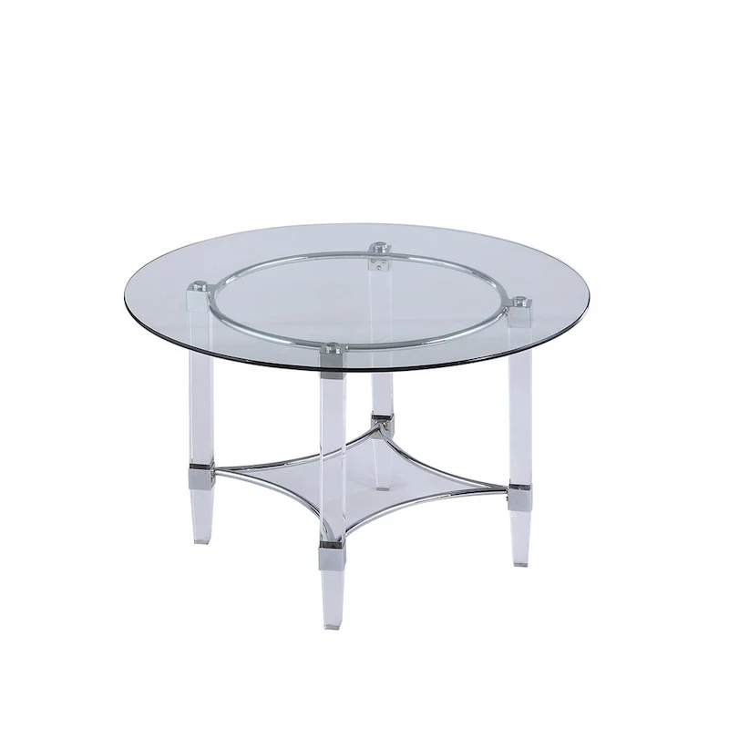 Grey Round Tempered Glass Dining Table Set, Chrome Acrylic Base, Seats 4, 5-Piece