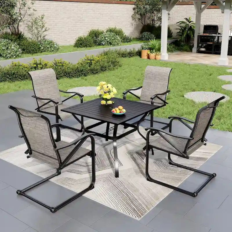 5-Pieces Patio Dining Set, Including 1 Steel Frame Table with Umbrella Hole and 4 C spring Patio Chair