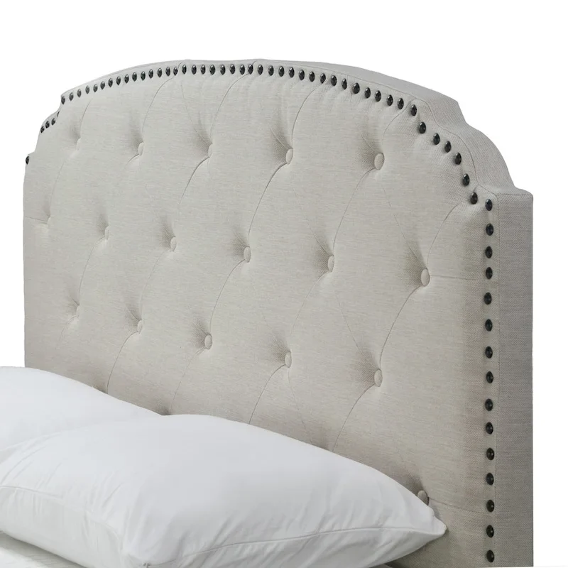 Arin Beige Fabric Queen Bed with Button Tufting and Black Nail Head