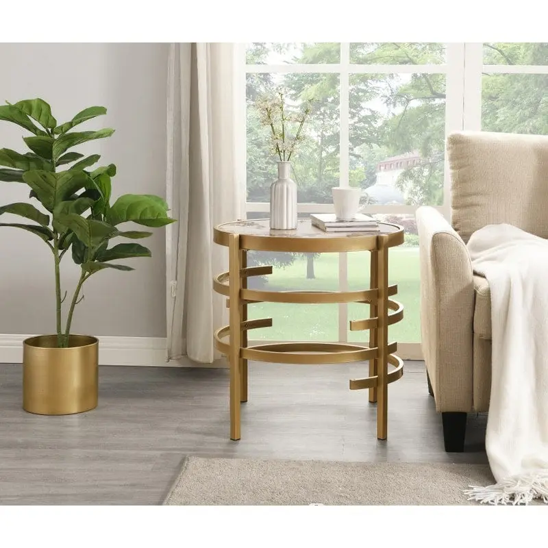 Round End Table with Sintered Stone Top and Metal Frame, 20.7 Inch
