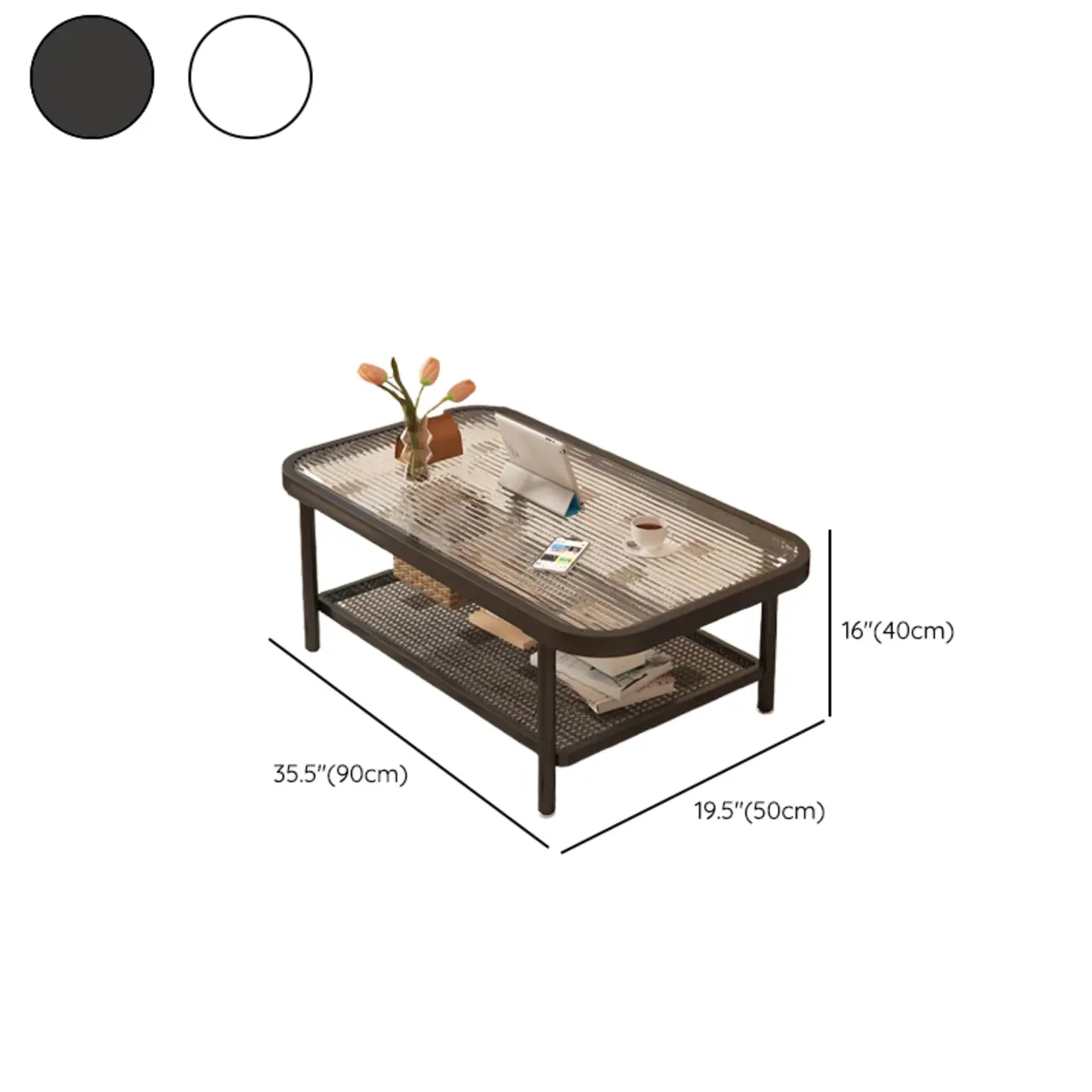 Modern White Rectangle Glass Coffee Table with Shelf