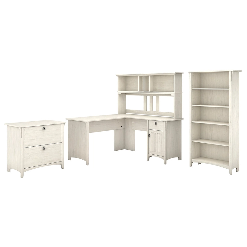 Bush Furniture Salinas 60W L Shaped Desk Office Suite in Antique White