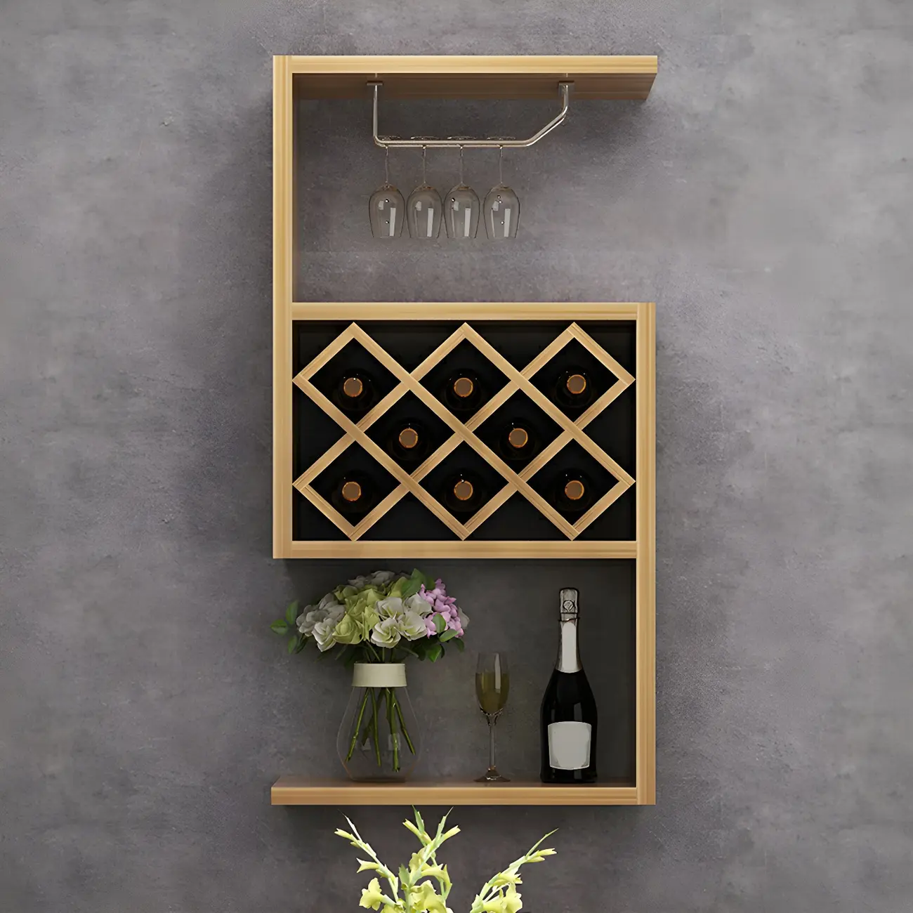 Rubberwood Floating Mount Wine Rack with Stackable Design
