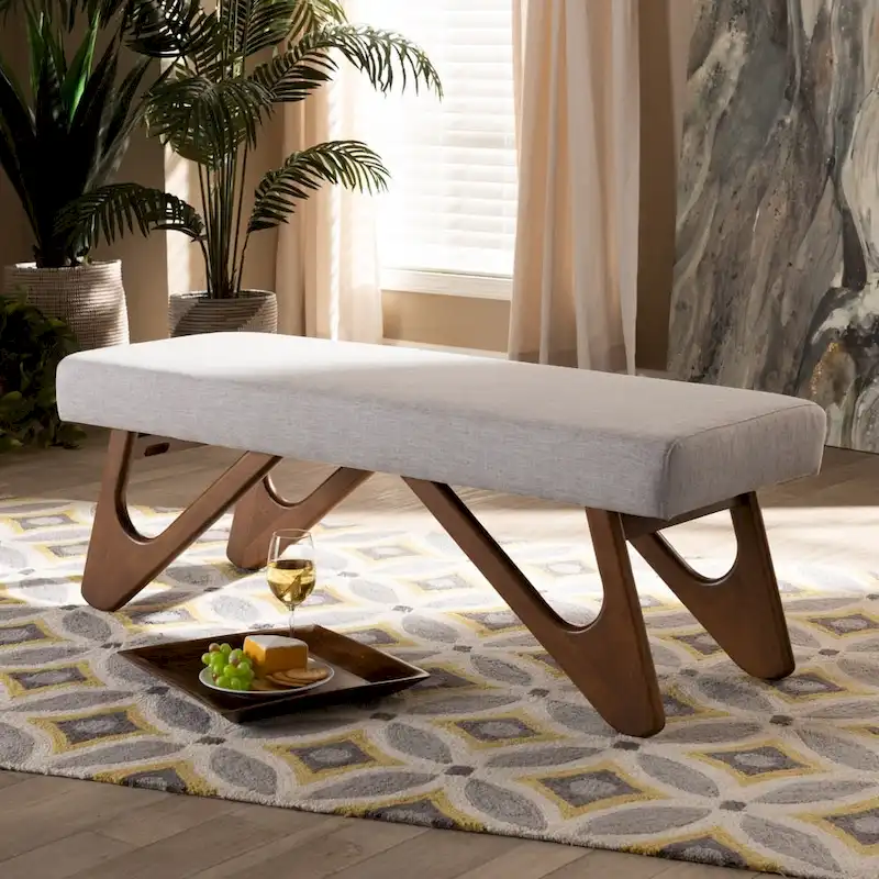 Upholstered Bench with Boomerang Legs – Greyish Beige / Dark Grey, Mid-Century Modern Style