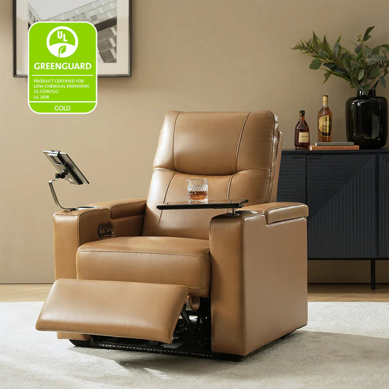 Top-Layer Leather Electric Recliner with Adjustable Headrest, Side Table, Phone Holder, USB Charging & Ambient Lighting | Camel / Black / Saddle | Single Seat