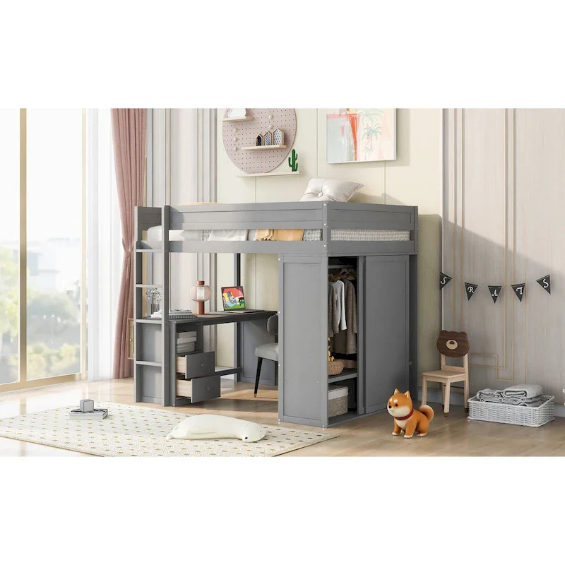 Full Pine Loft Bed with Wardrobes and Desk