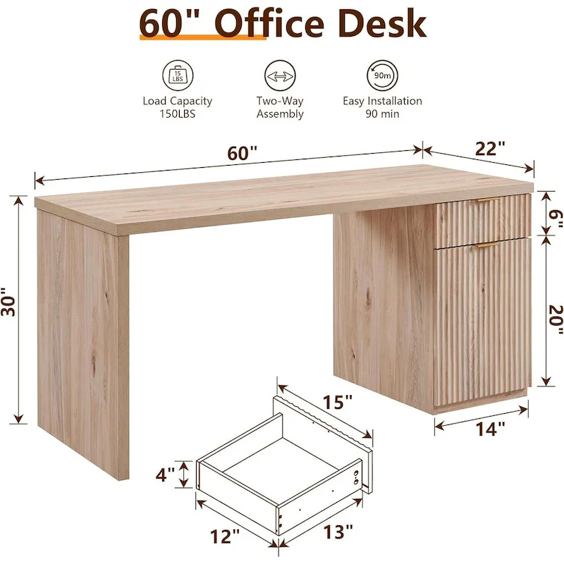 60 Modern Executive Desk, Wood Home Office Desk, Fluted Computer Desk