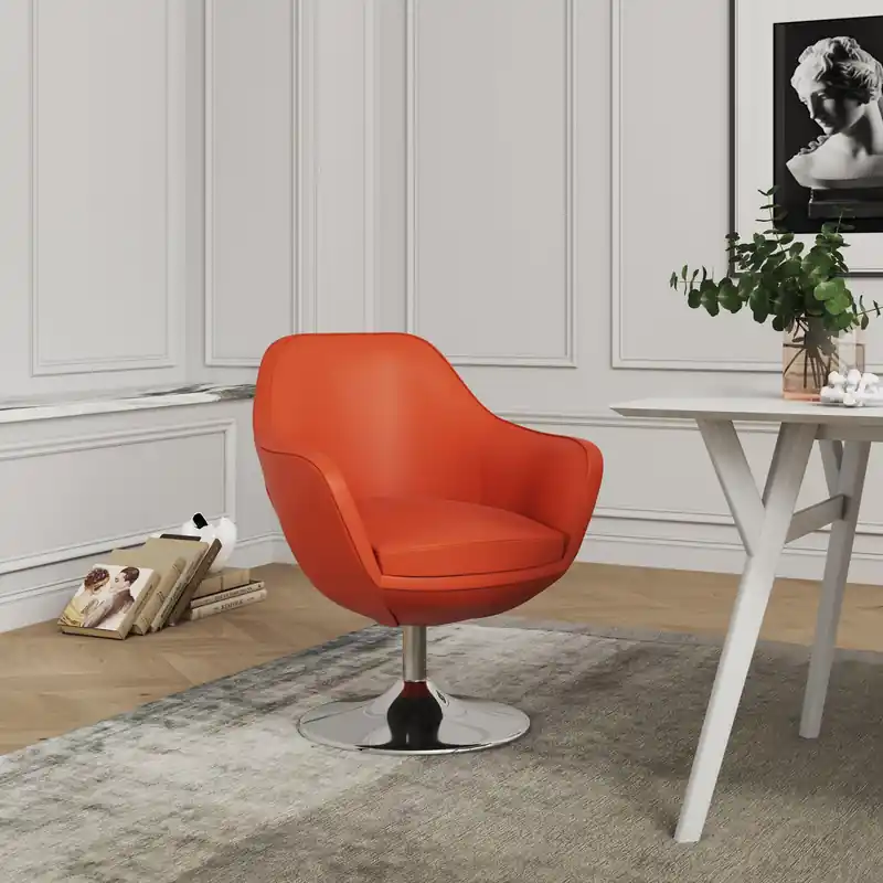 Faux Leather Swivel Accent Chair with Polished Chrome Base, Modern Office Lounge Chair