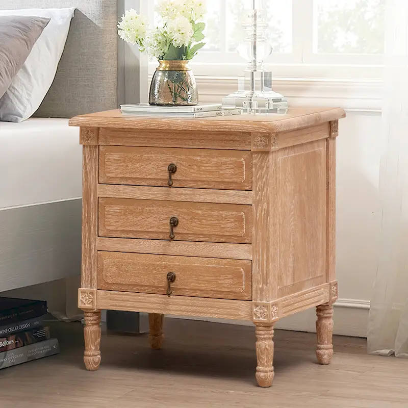 Pellebant 3-drawer Oak Wooden Nightstand Bedside Table