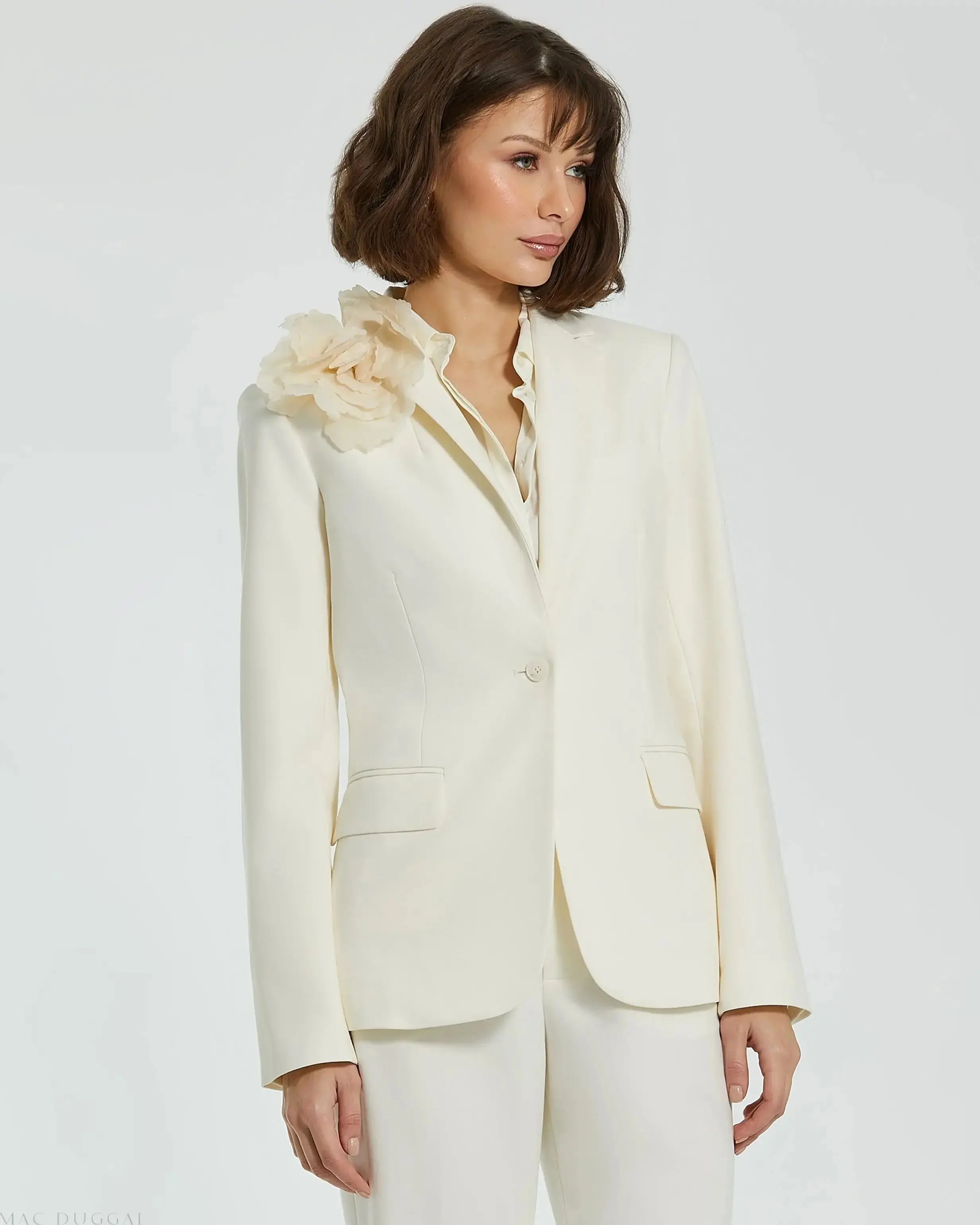 Ivory Classic Crepe Blazer Jacket With Flower - FINAL SALE