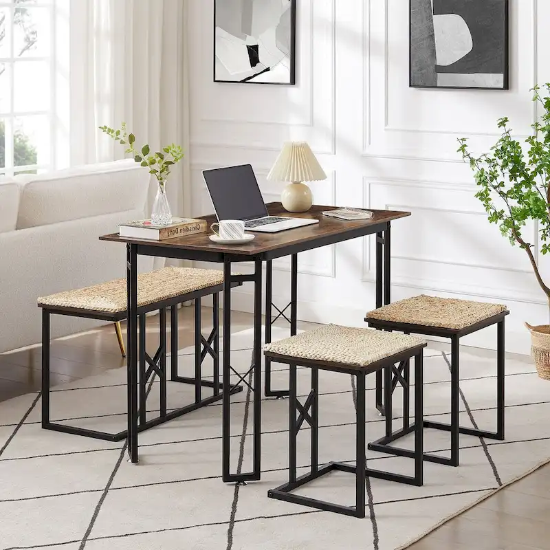 Javlergo 4-Piece Dining Table Set, Space Saving Kitchen Table with Bench and Two Stools for 4