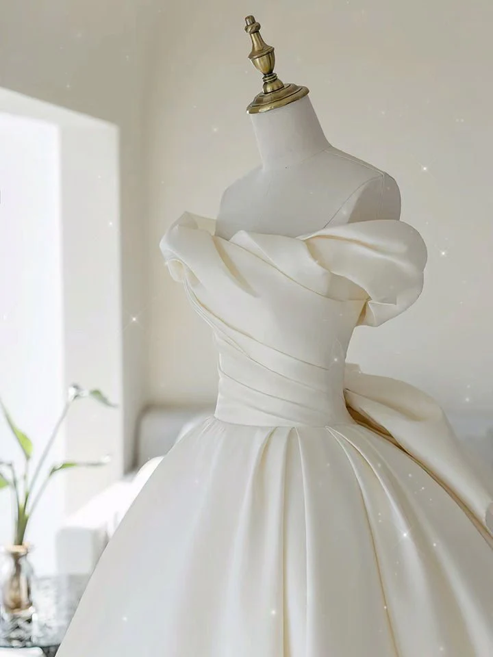 Simple A-line Off The Shoulder Satin ivory Long Wedding Dress