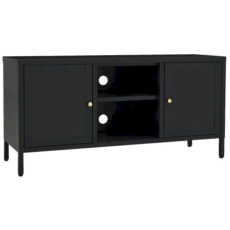 Black TV Cabinet, Steel & Glass, 2-Door, 41.3