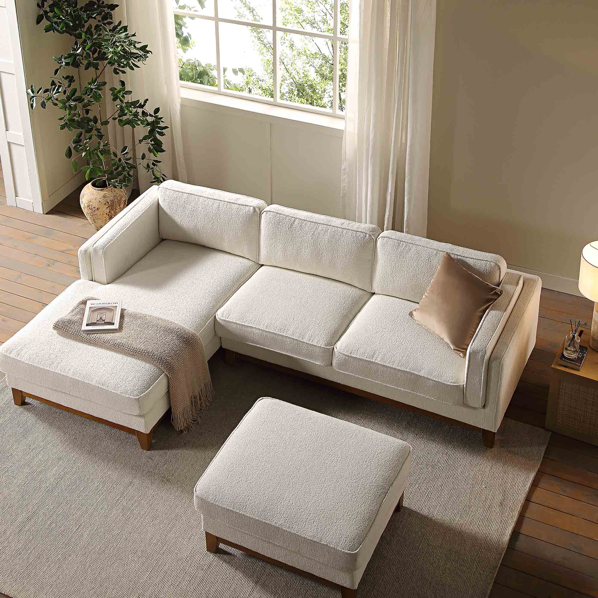 Beige Boucle Fabric Sofa, Grande Chaise Sofa Left Hand Facing