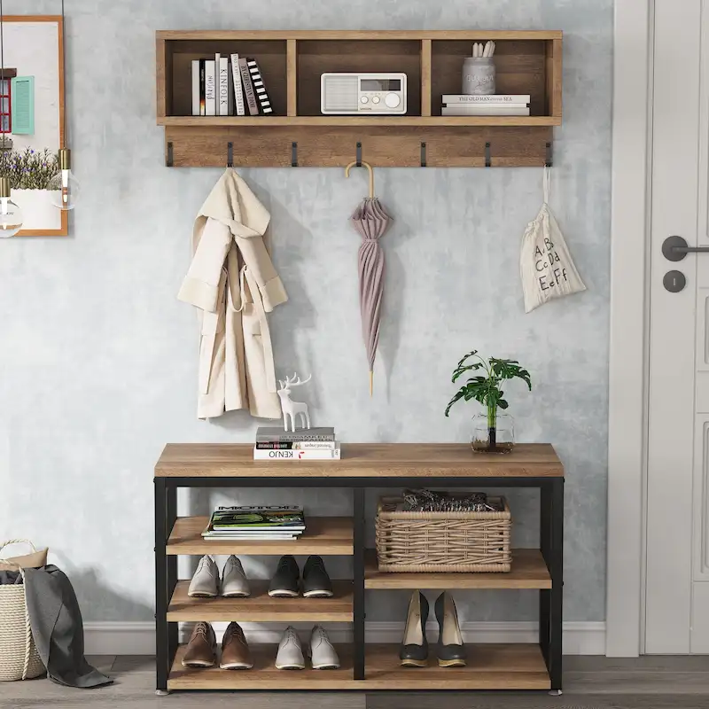 Hall Tree with 7 Hooks, Entryway bench with coat rack