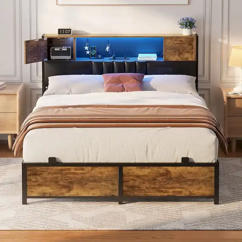 Farmhouse Bed Frame with Holey Board, Upholstered Headboard Platform Bed with Charging Station