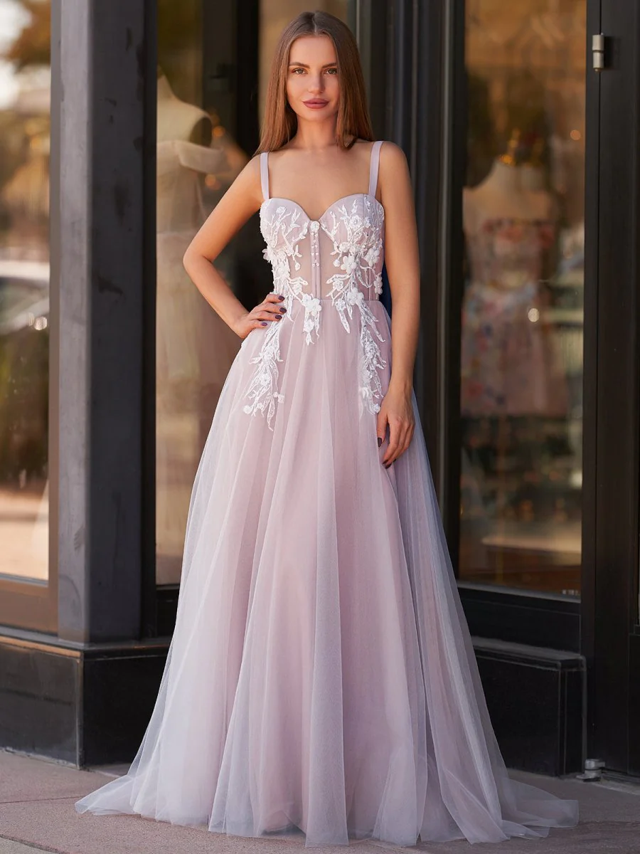 Lavender A-line Sweetheart Neckline Tulle Sweep Train Prom Dress