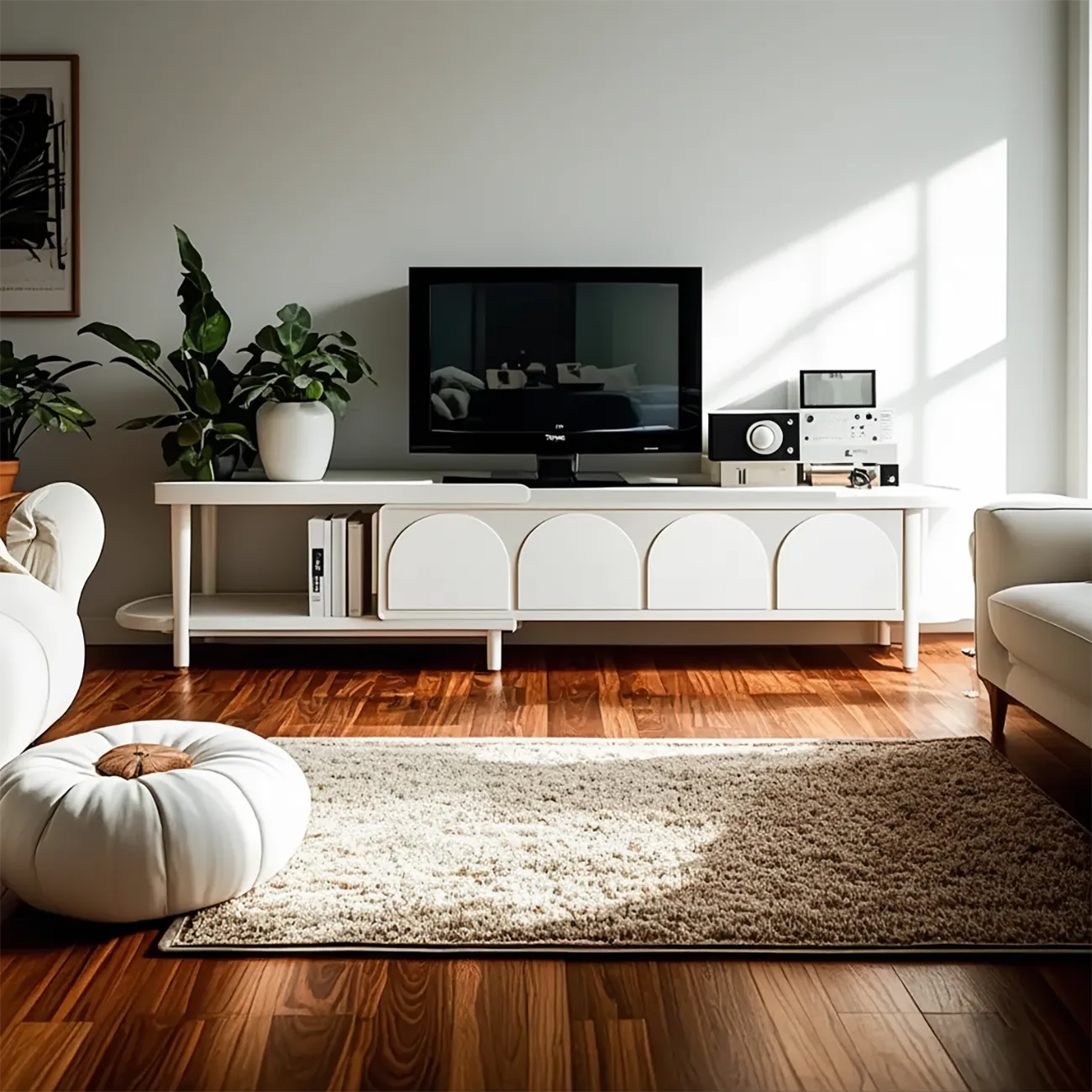 White Nordic Wood Arch Side Shelf TV Stand with Cabinet