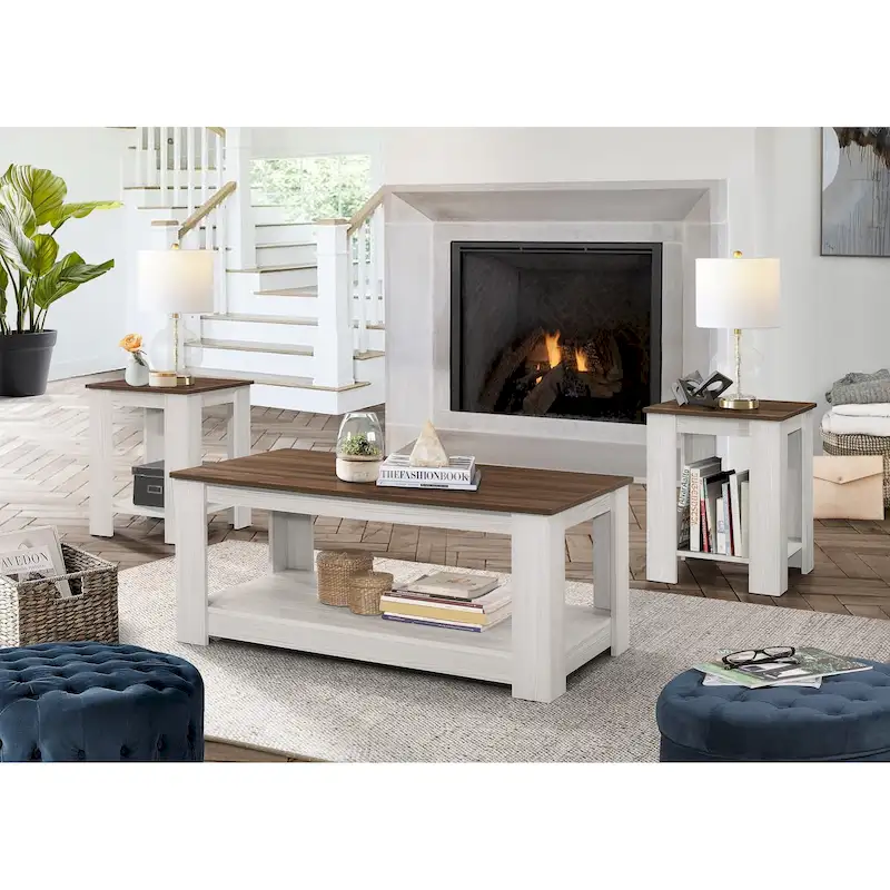 Modern Coffee Table with End Tables - Brown Wood Finish