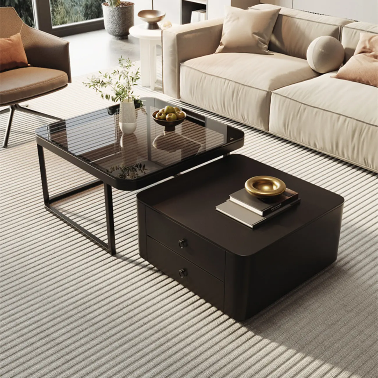 Modern Square Wood Stone Nesting Coffee Table