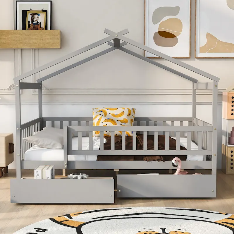 Walnut/Grey/White/Natural House-Shape Full Size Kids Platform Bed with 2 Drawers, for 1 Child