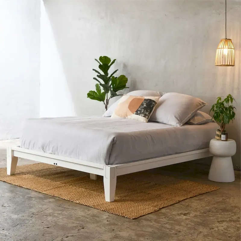 White / Black / Brown Mid-Century Solid Wood Low Platform Bed with Japanese Joinery & Wood Slats, King, 2-Person