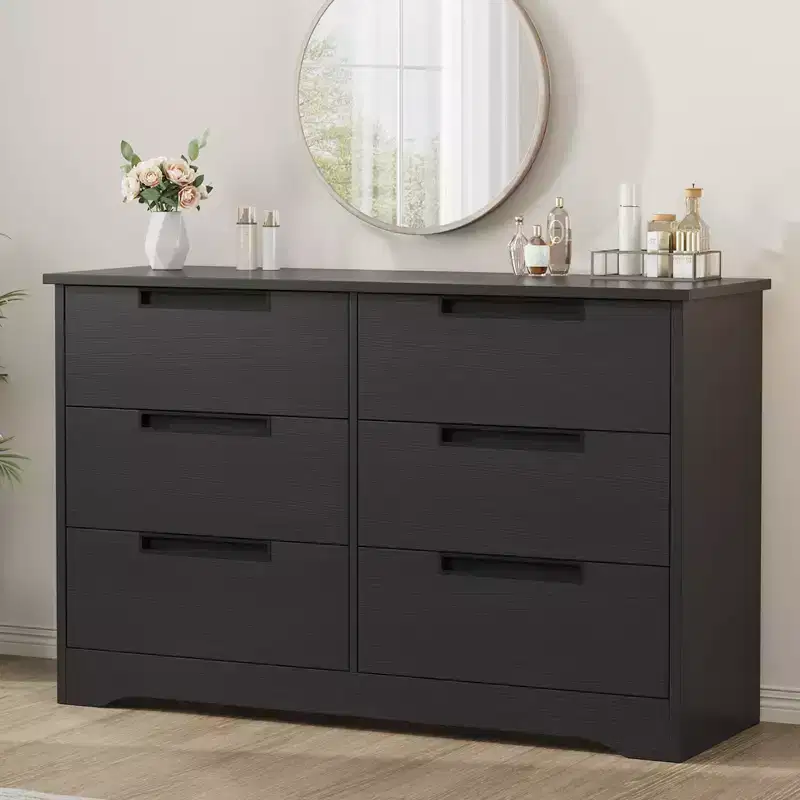 6 Drawer Dresser for Bedroom, Black Modern 6 Chest of Drawers with Embedded Handles Design, Wooden Dresser Organizer for Living Room, Nursery, Hallway