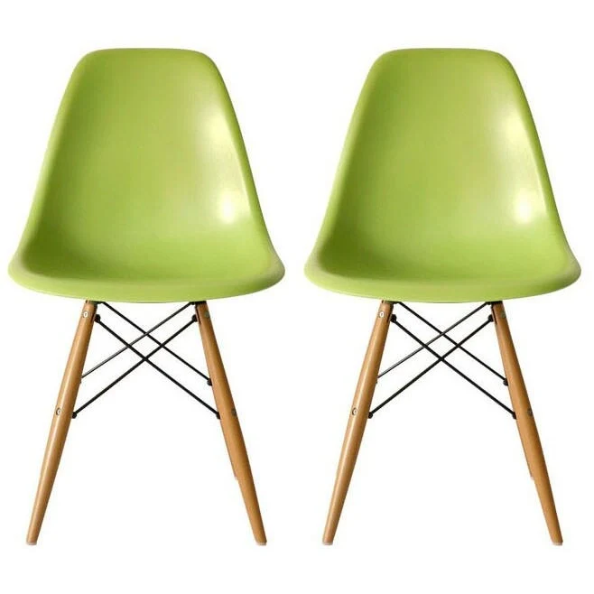 Set of 2 Mid-Century Modern Dining Chairs Armless Plastic Shell Seat with Natural Wooden Eiffel Leg Base, Red