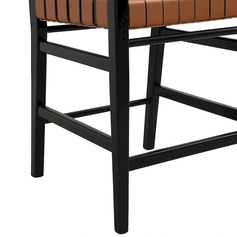 Roomfitters PU Leather Counter Stools, Set of 2 Bar Height Chairs with Woven Back and Rubberwood Frame, Black Brown