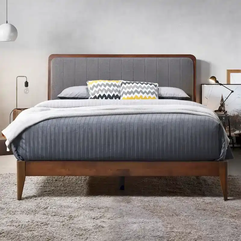 Brown Grey Upholstered Queen Platform Bed Frame