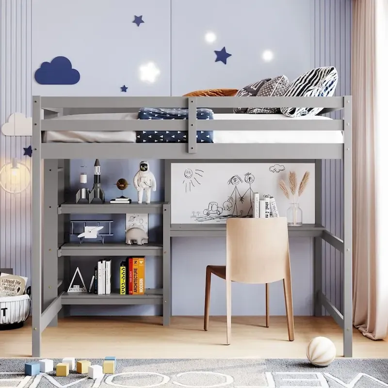 Full Size Loft Bed - Wood - with Desk and Shelves