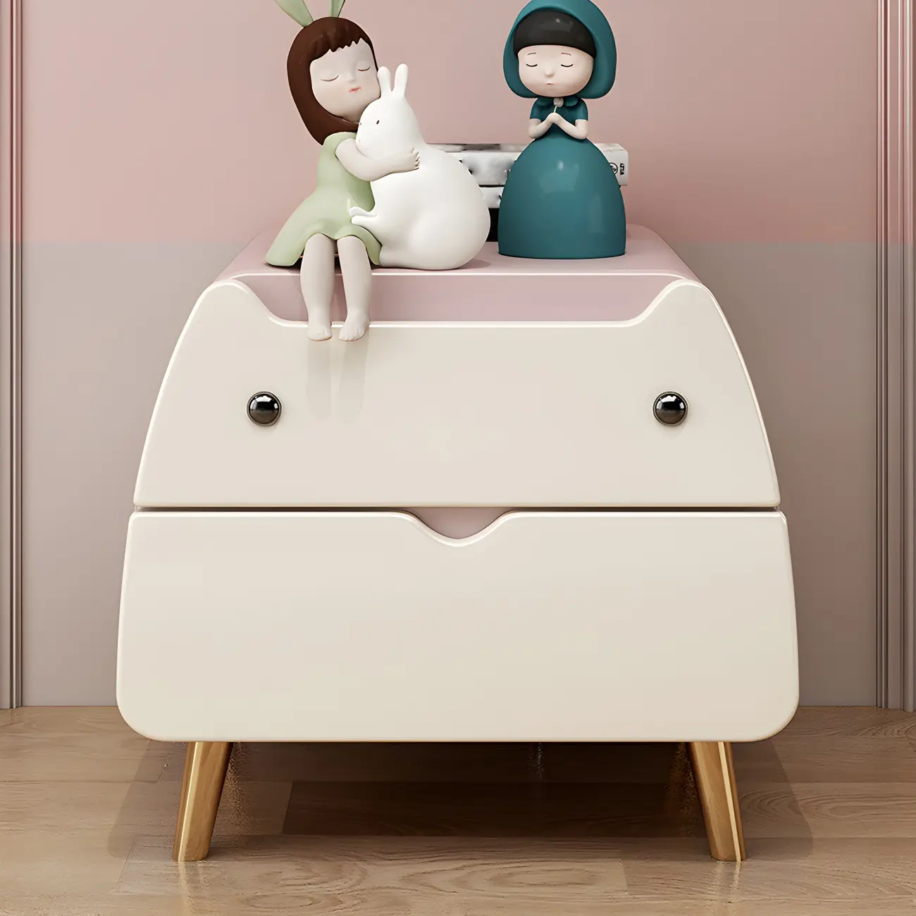 Pink Cute Cat Shape Scandinavian Nightstand with 2 Drawers