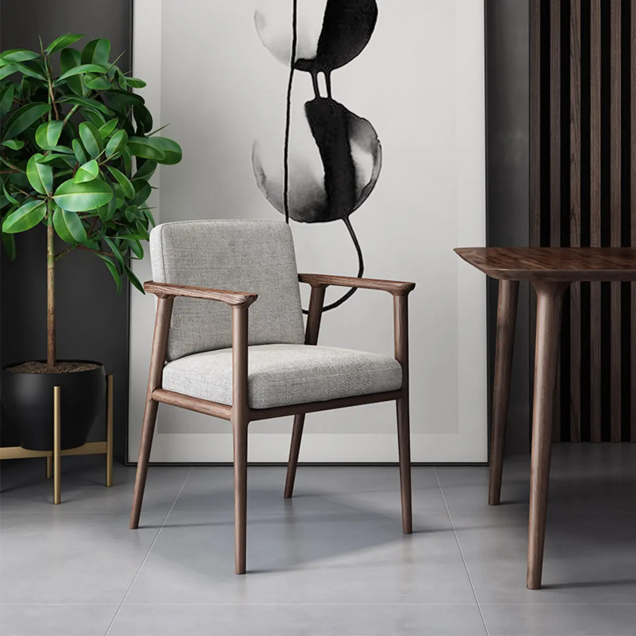 Modern Upholstered Dining Chair Square Shape with Wood Arms