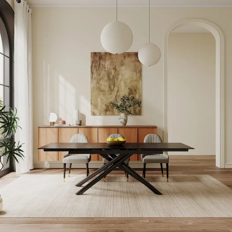 9 - Piece Extendable Rectangular Sintered Stone Cross Legs Dining Set With 8 Chairs