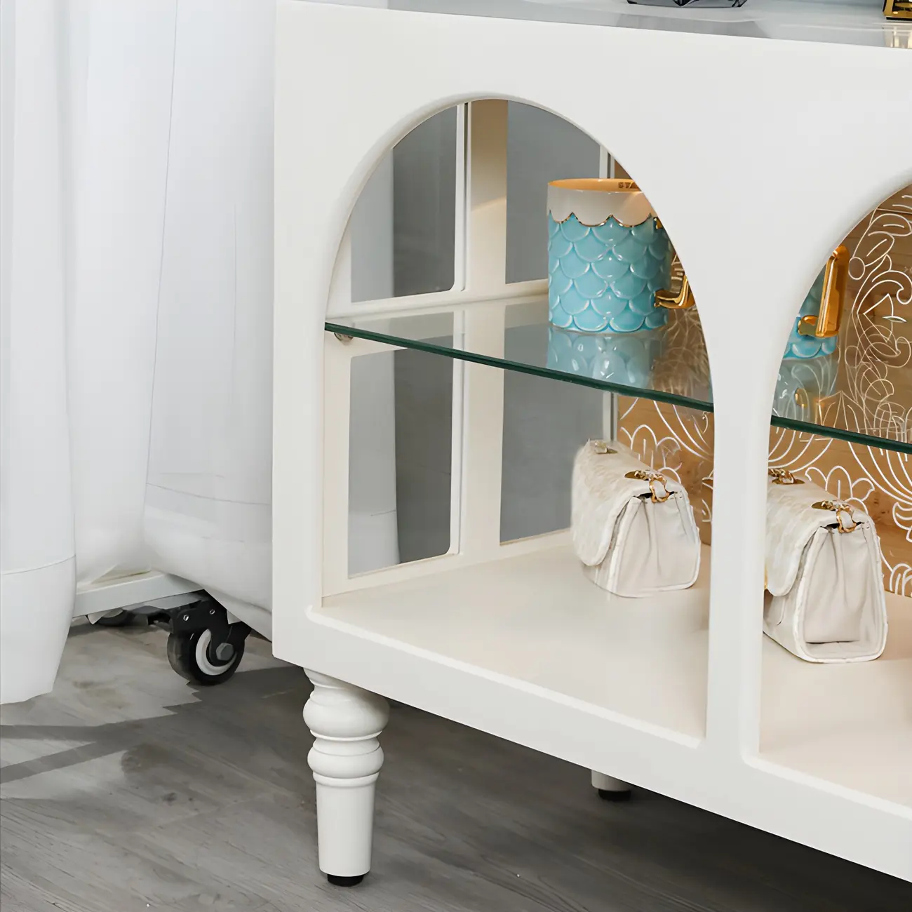 Rectangular White Wood Glass Shelf Display Cabinet