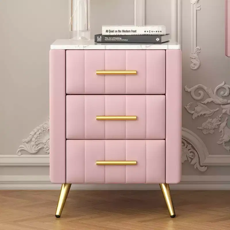 MAYEERTY Upholstered Wooden Nightatand with 3 Drawers Metal Legs Handles for Bedroom Pink